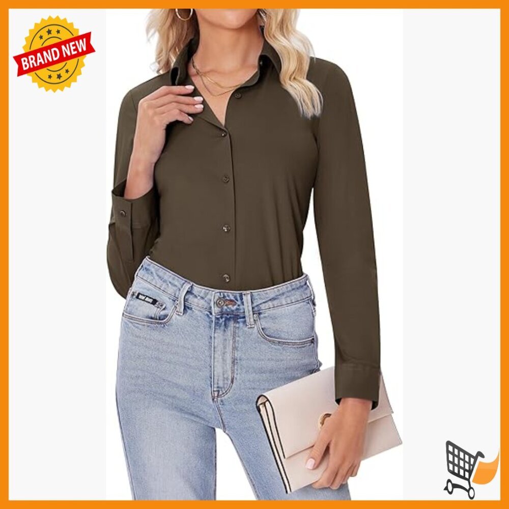 Slim Fit Long Sleeve Stretch Dress Shirt Wrinkle Free Office Blouse
